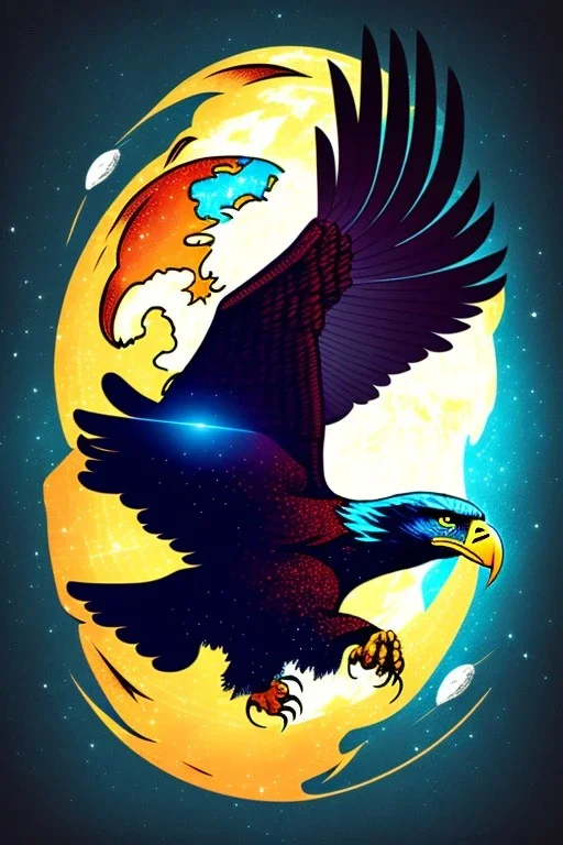 Eagle is flying in the space and is holding the earth in his claws.