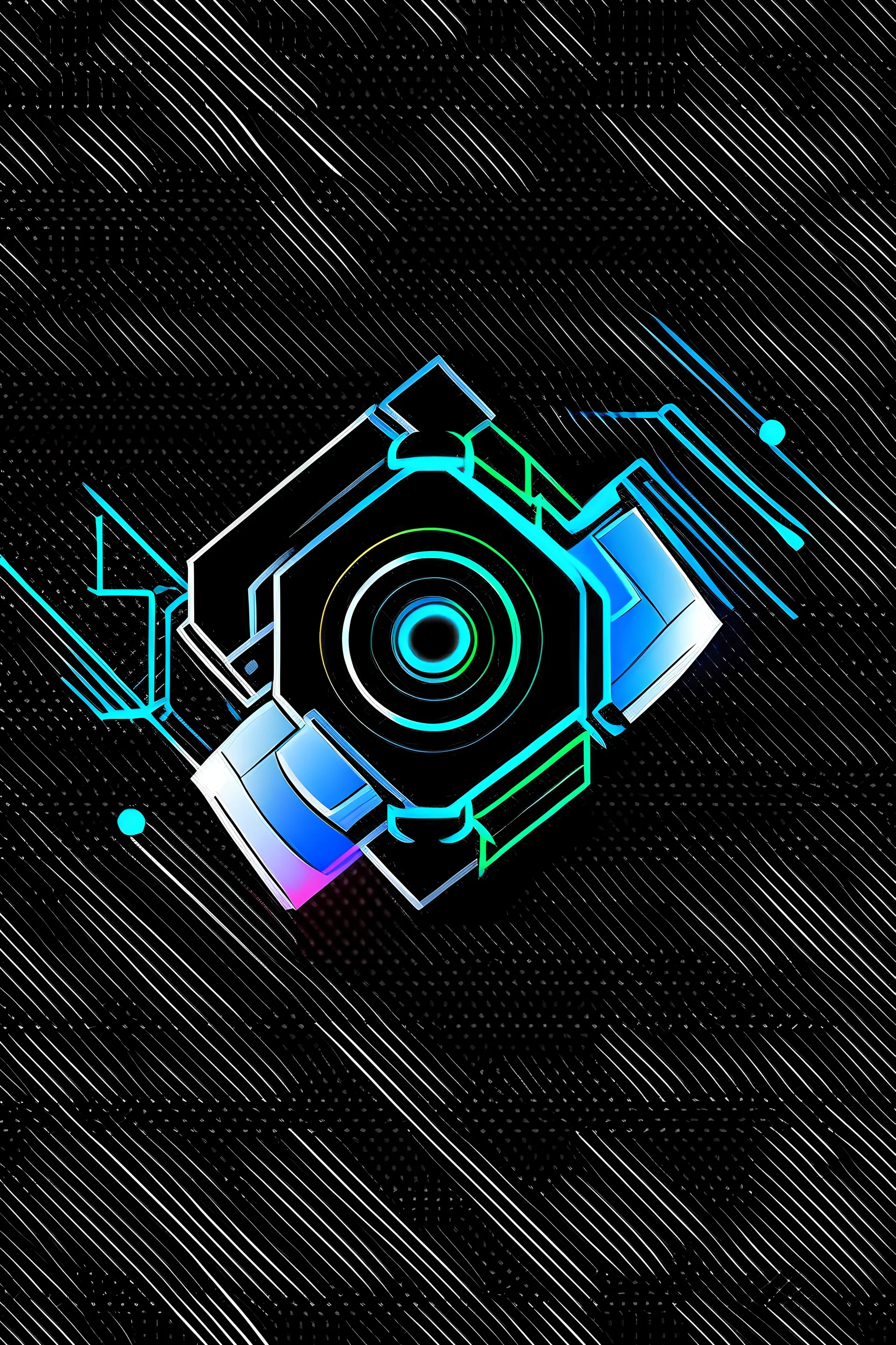 logo, line art, electronics, computer, fluorescent, black background.