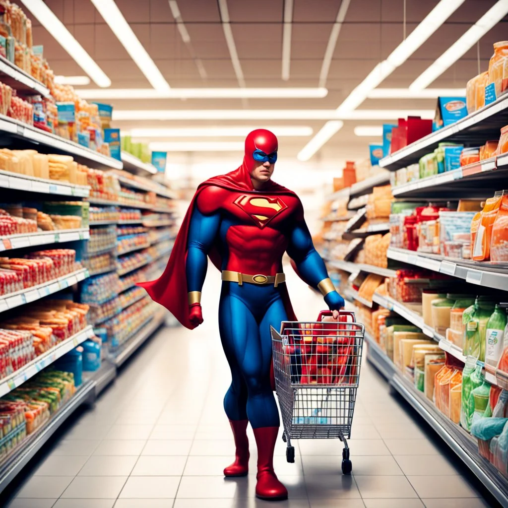 A superhero with a shopping cart is shopping in a supermarket.