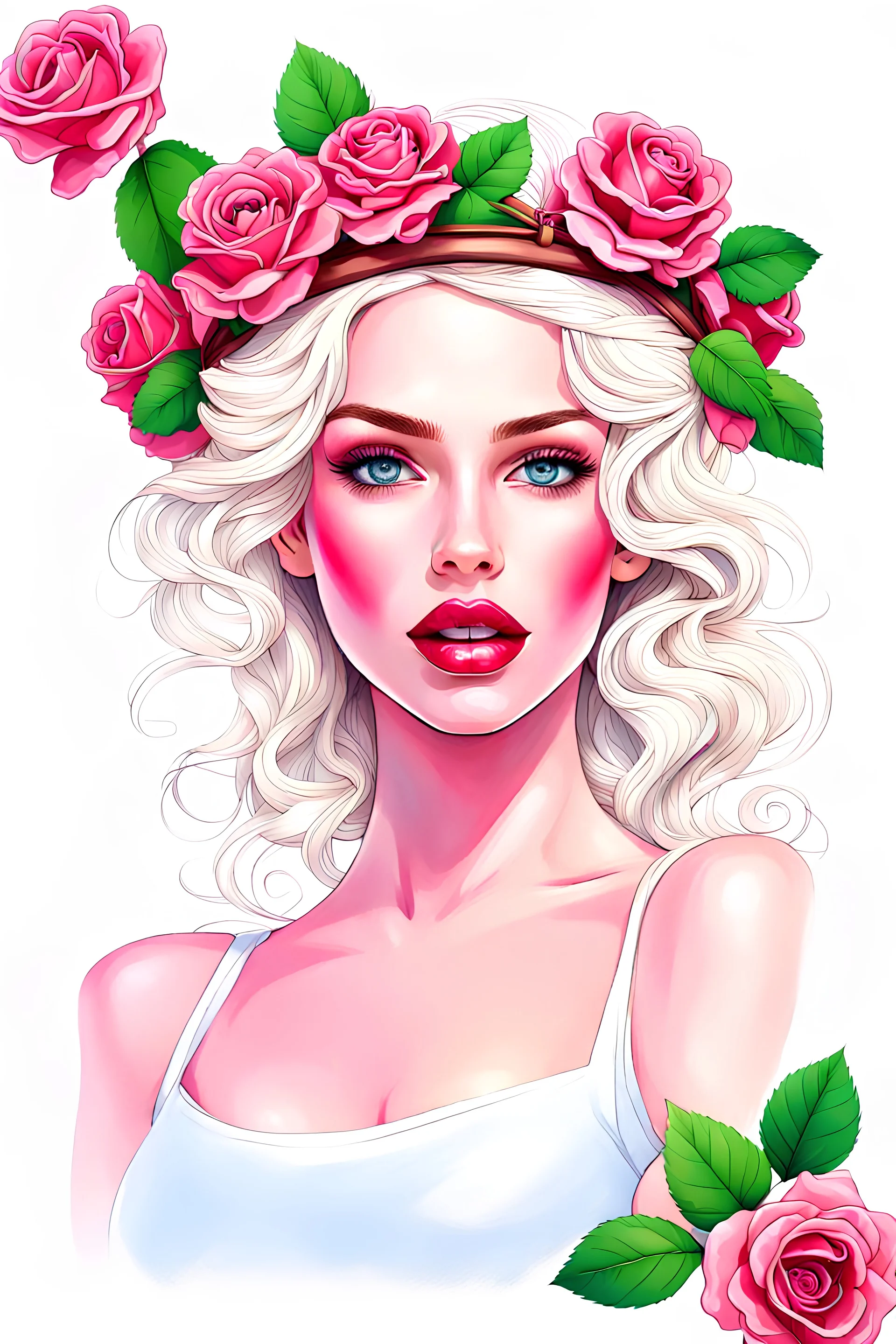 photoreal beautiful woman has a crown of roses on her head, bright green-blue eyes, white clean skin, raspberry lips, wavy hair