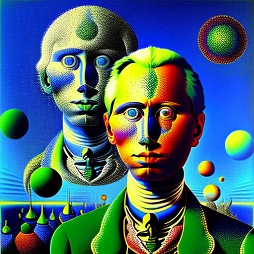 A man is observing an odd being observing a man surreal Max Ernst René Magritte pointillism high contrast