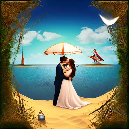 2 lovers last kiss in sand island with tent and river background