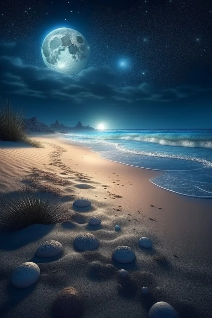 magic sea, beach with sand, shells, realistic, professional photo, 4k, top view, cosmic sky, stars, full moon, milki way