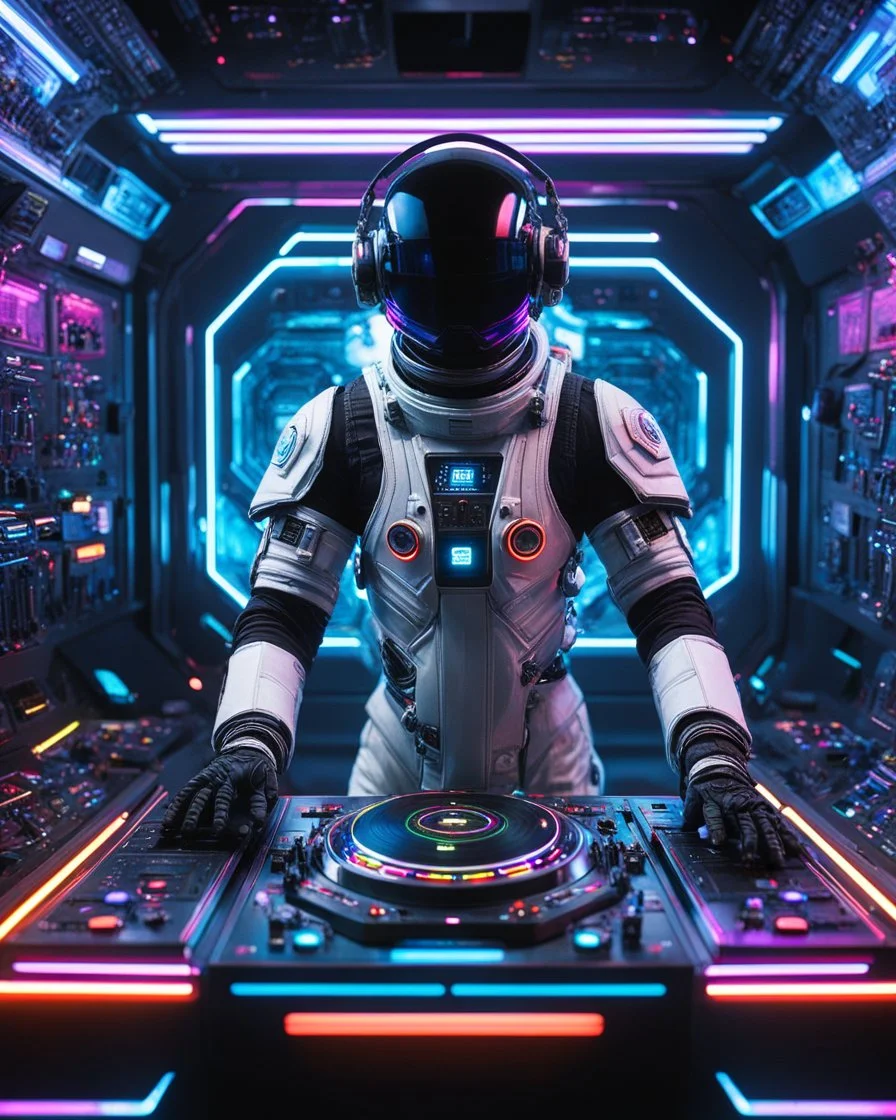 An astronaut playing turntable as DJ player in futuristic, sci-fi armor ,positioned in front of a complex control panel filled with various buttons and switches that are also illuminated, in a background resembling a corridor or chamber adorned with neon lights creating a sci-fi atmosphere, with more neons light colors,play music dj player