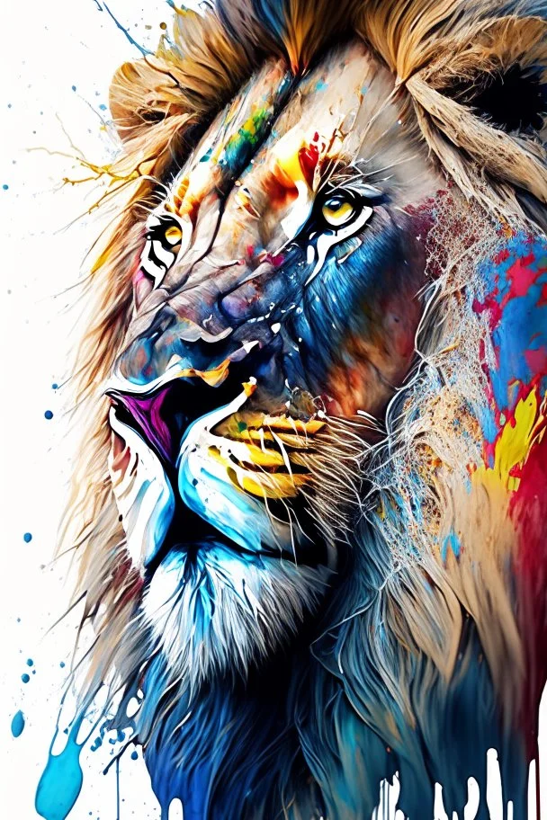 "lion", clean design, art station, splash of colorful paint, contour, ((solid white background)), looking into camera, hyperdetailed intricately detailed, unreal engine, fantastical, cinema lighting, intricate detail, splash screen, complementary colors, fantasy concept art, 8k resolution, DeviantArt masterpiece, watercolor, paint dripping