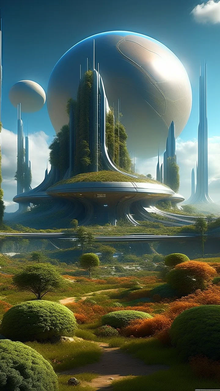 sci fi planet, futuristic garden, spire city