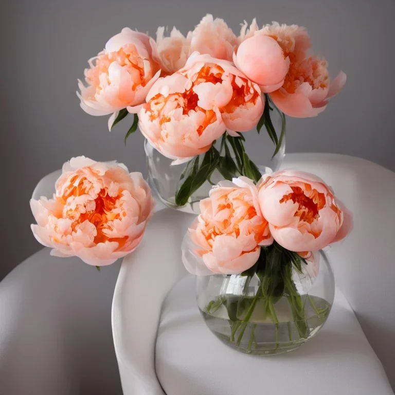 cinematic shot of peonies made from peach tulle in a glass bowl, warm lighting, soft lighting, sunbeam