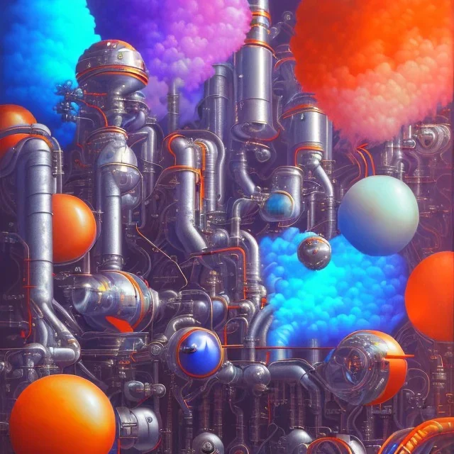 group of scientists is in the laboratory. invent new colors. smoke rises from multi-colored glassware. they are wearing overalls. color swatches in the background. hyperdetailed, orange and teal, warm colors, detailed painting, photorelistic, oil on canvas, light dust, futuristic. volumetric lighting