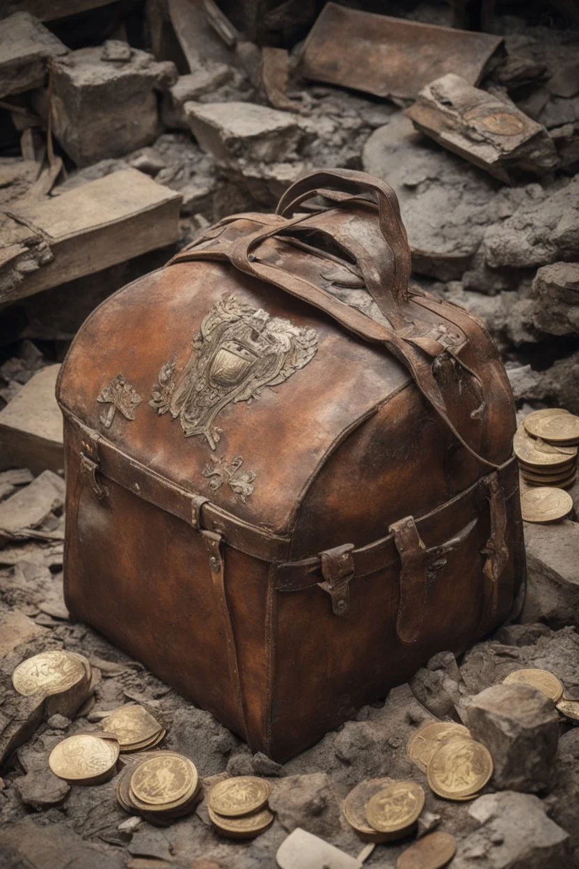 in the BASEMENT there is an old, broken brown oblong leather chest with short handles, from which gold coins from the time of Catherine the Great fall out. The ancient coat of arms of tsarist Russia, the double-headed eagle, is BARELY VISIBLE on the bag. There are a lot of broken bricks and earth around the bag. All in high quality 8K