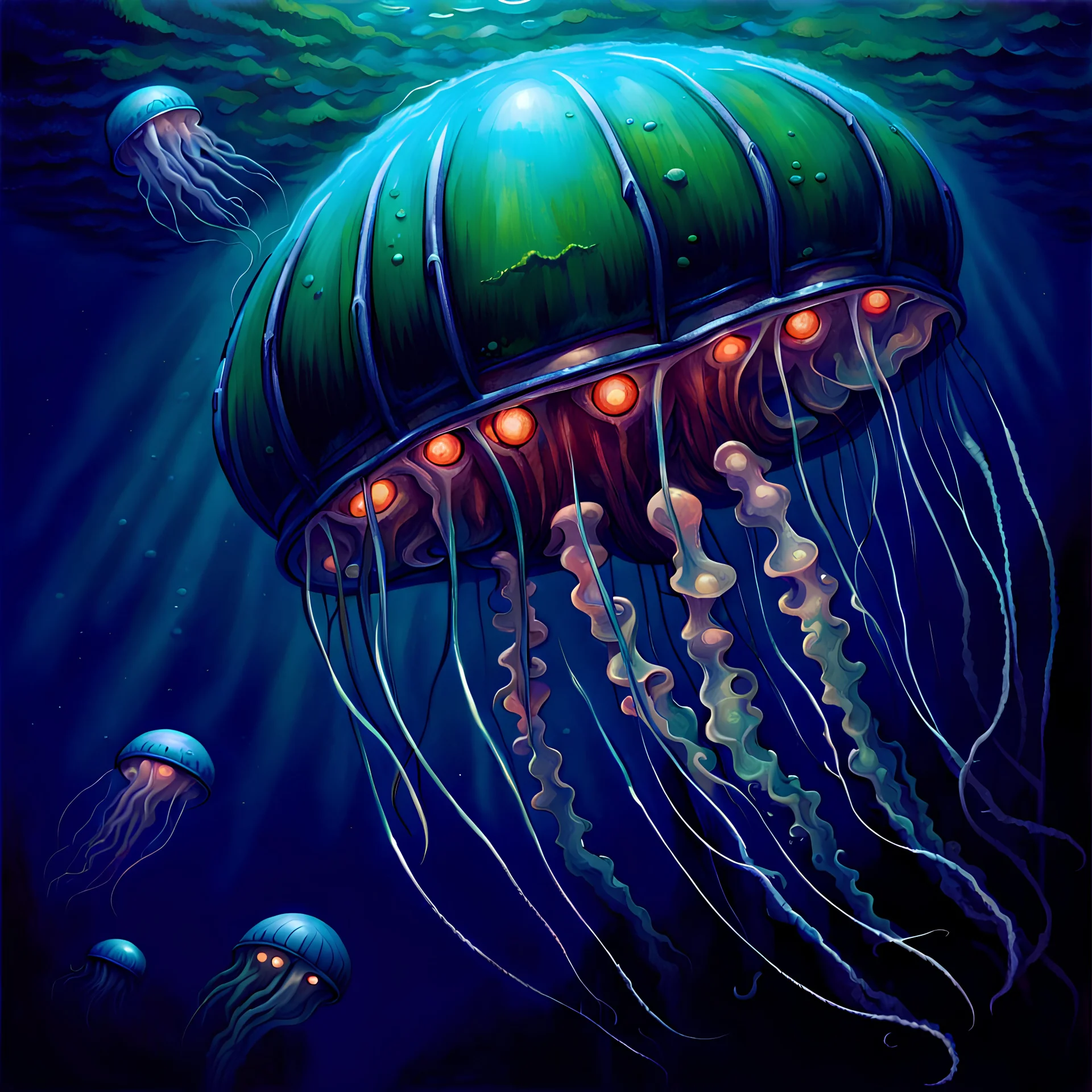 90's TCG fantasy artwork art of robot jellyfish underwater