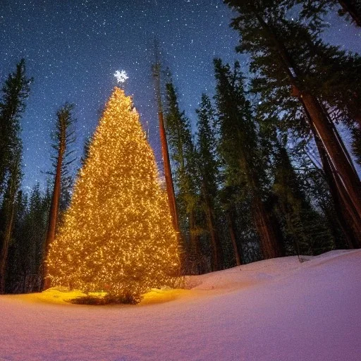 Christmas tree in the forest at midnight under the stars