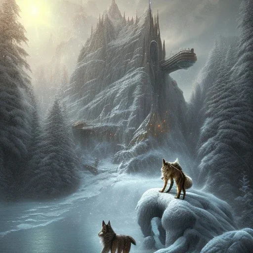 fantasy art of guru and wolf walking on very tight rope bridge over icy water