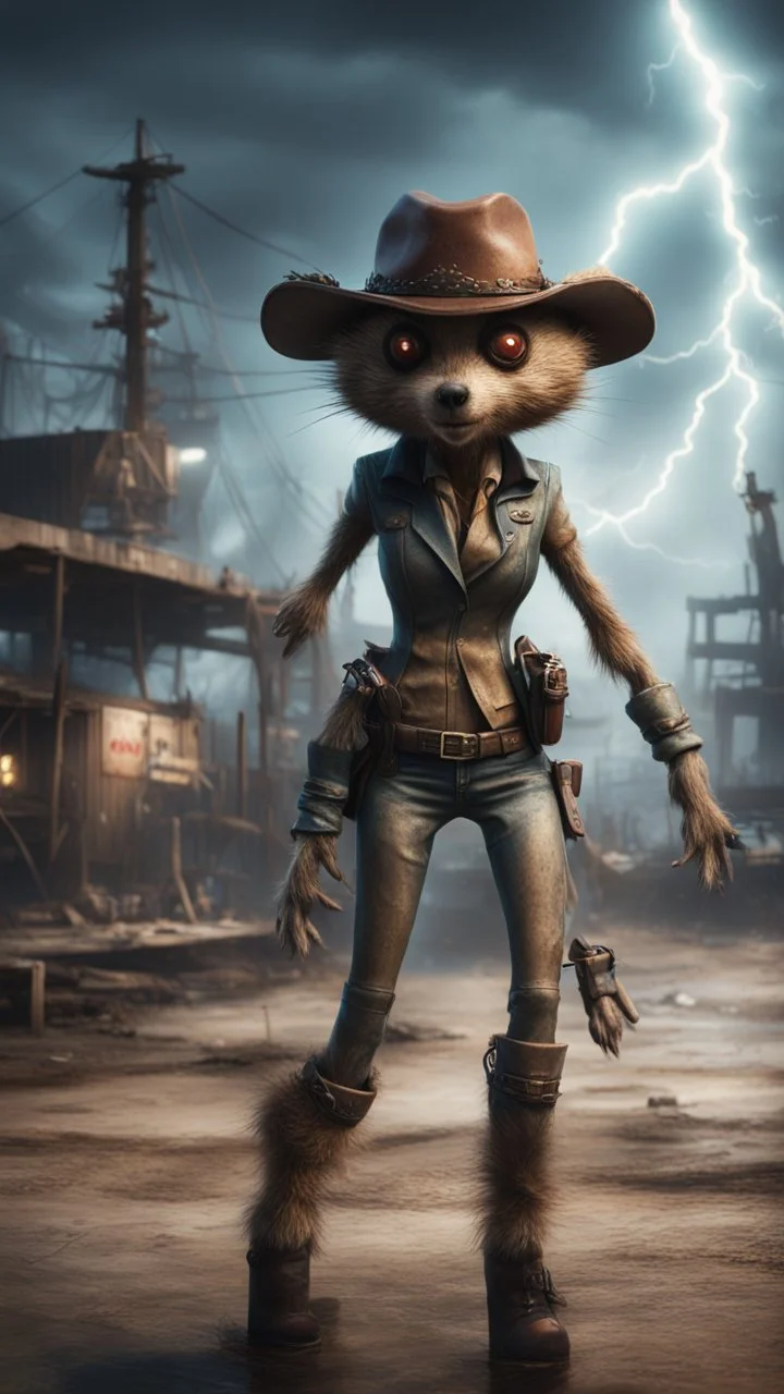 magazine cover illustration, fallout 4 docks setting, horror weird cowboy beaver alien walking on stilts in female garments, getting hit by lightening electric arc, with big disturbed eyes,bokeh like f/0.8, tilt-shift lens 8k, high detail, smooth render, down-light, unreal engine, prize winning