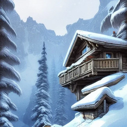 Chalet on bridges between chasm,mountains cliff, mountain peak,blue sky,detailed facades+beautiful, snow,richly detailed houses,trees,ornamental flowers +uphill road+biopunk+Book illustration by Gediminas Pranckevičius, Jean Baptiste Monge, Brian Kesinger, Anton fadeev, strong lines, high contrast vibrant colors, highly detailed, 16k resolution