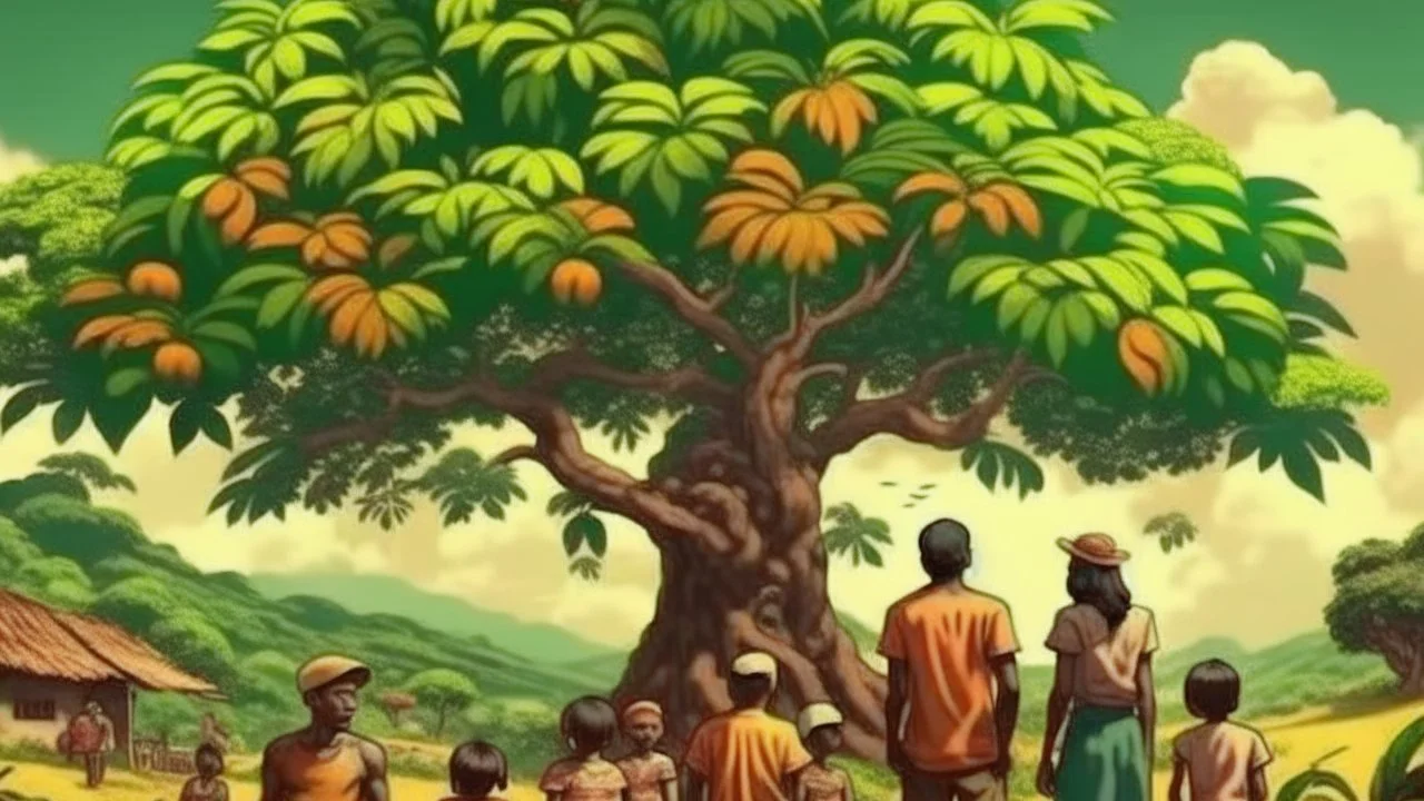 A tropical landscape showcasing an aurantiaceous tree laden with ripe fruits, with a diverse group of people, including an Asian woman and a Black man, enjoying the scenery., stained vignette, highly detailed found footage, desaturated faded film, film skratches and dust