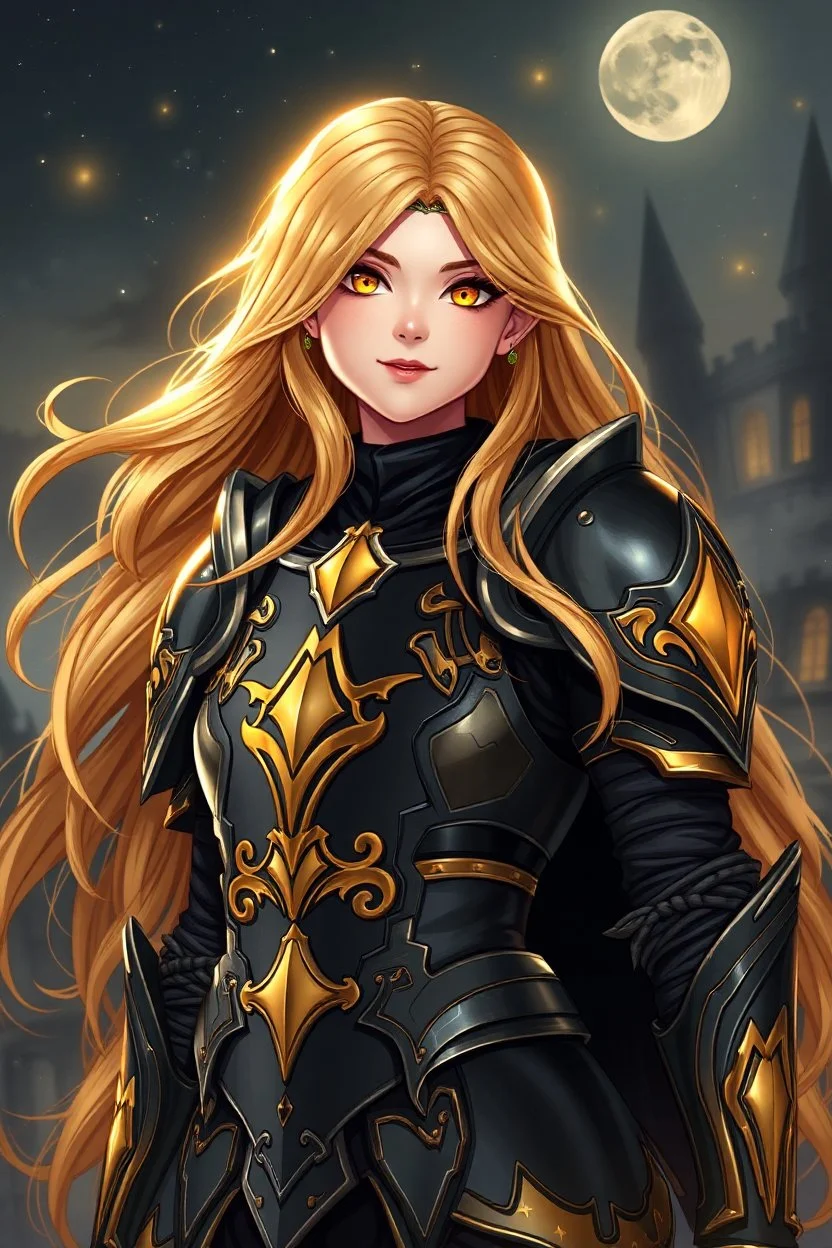 SUPER PRETTY GIRL, DRESSED WITH A BLACK-GOLD SMALL ARMOUR, GOLDEN LONG HAIRED, GOLDEN EYES, GREATH SMILE, BIG BUBS, NICE BODY, STAY ON DARKNESS CASTLE, STARS SKY, MOON, LEGENDARY WARRIOR, POWERED GIRL, A GOLDEN GLOW AROUND HER BODY.