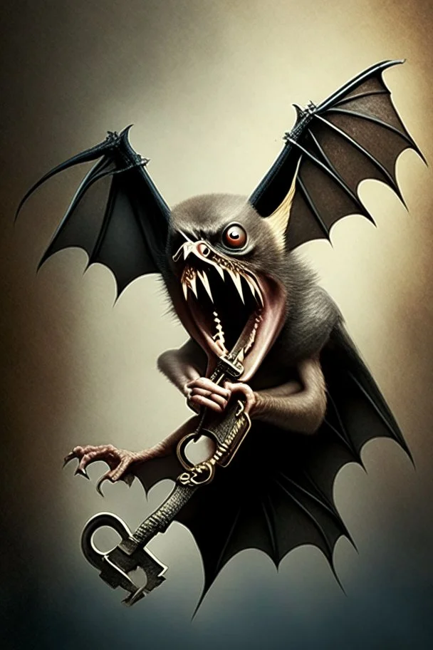 flying bat holding a key in mouth