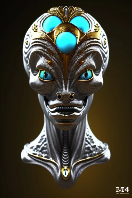 Silver alien, head, wicked, black eyes, blood, 8k, finely detailed, photo realistic, Anunnaki black male African Egyptian alien, cracks in the voodoo head, wicked,Asian turquoise eyes, crown, Elephant, 8k, finely detailed, photo realistic, tiger turquoise skull head gold dragon space alien sun skeleton gold gorilla silver crown silver eyes