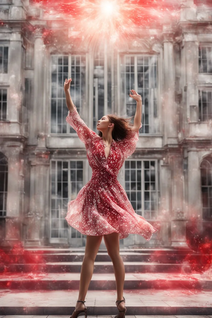 Photorealistic young woman in a dress, standing, with arms raised, looking at the front of a building at midday, with red auras around her