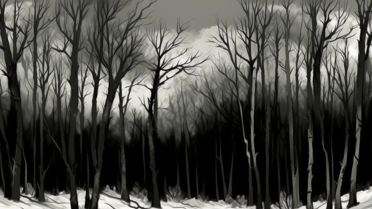 A digital painting of a row of bare trees in winter, set against a dark, overcast sky. The trees are slender with intricate branch patterns, their trunks a light gray that contrasts with the deep gray of the sky. Below the trees, there's a dense thicket of bushes and shrubs, their branches also bare, creating a textured, tangled foreground. The color palette is predominantly muted, with shades of gray, brown, and hints of green, giving the scene a somber, almost monochromatic feel. The compositi