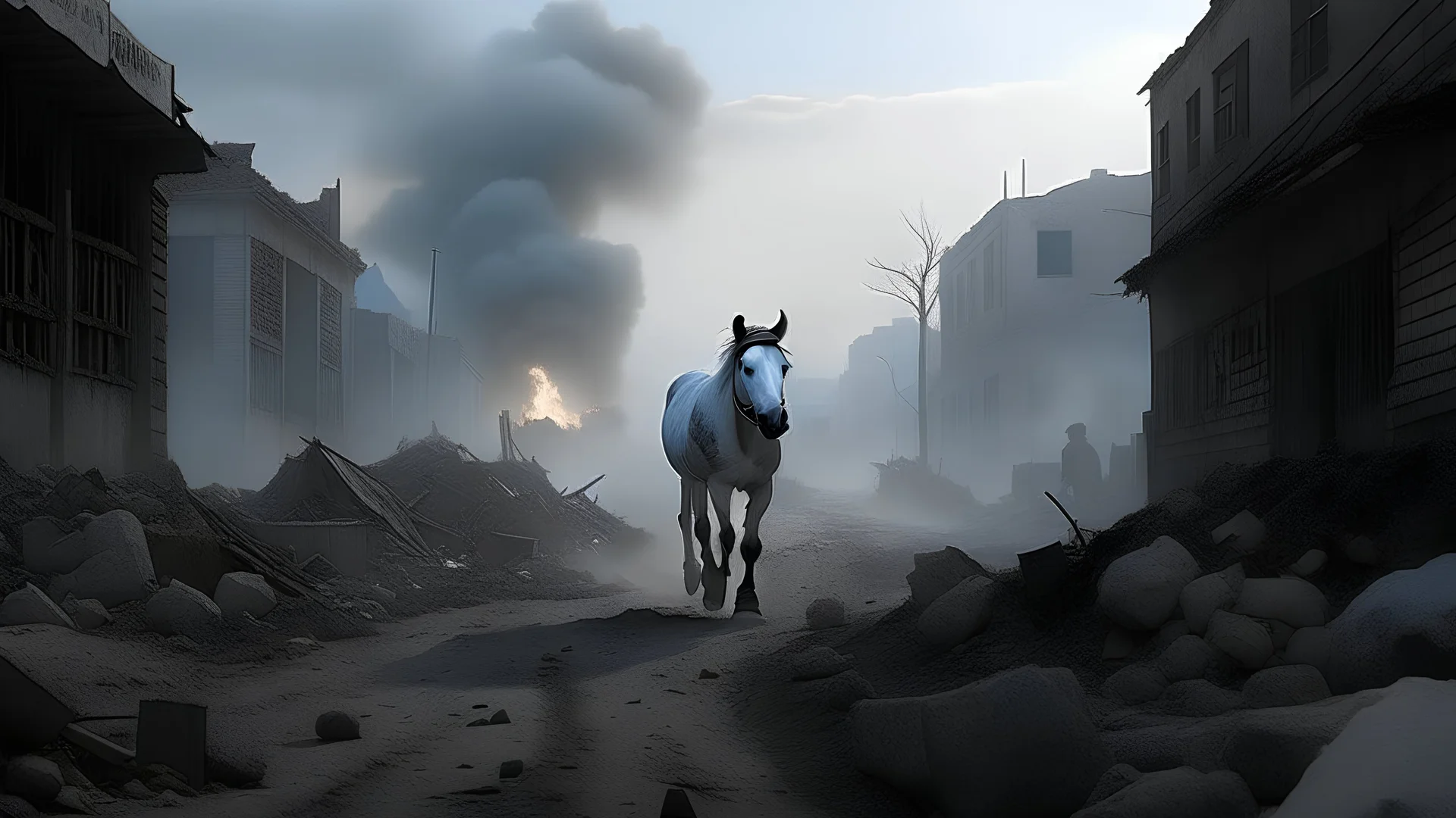 winter scene, light snow, photorealistic, a horse running through billowing smoke, dramatic angle, Apocalyptic, photo-realistic, cinematic, human corpses line the street on eaither side, rubble, debrison either side of the road