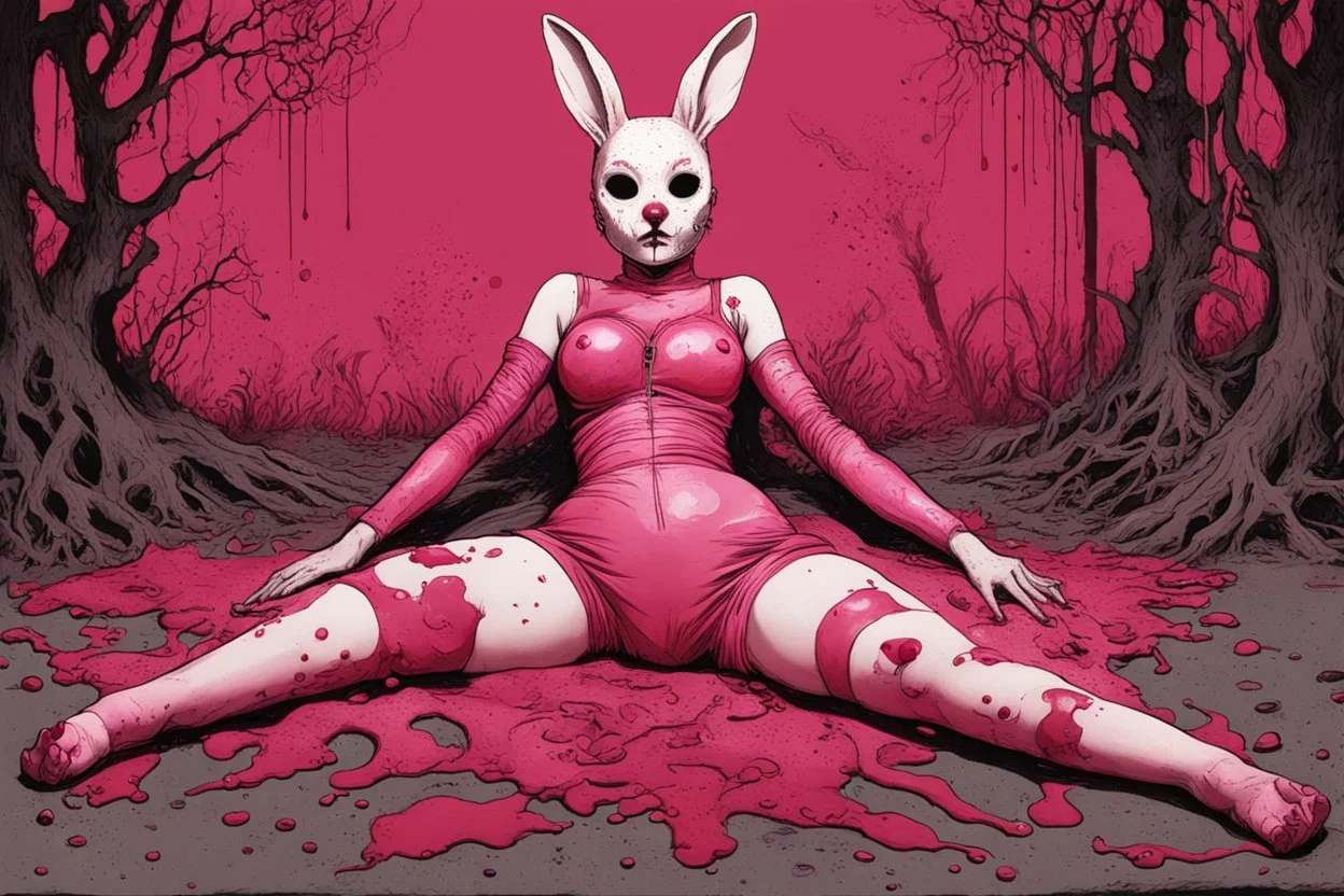 JunkPunk woman, lying pose, rabbit mask, pink short hair, latex suit, highly detailed, fullbody, splashes blood, behind guts rising from the ground, papercut illustration by <John Kenn Mortensen>, darkred tones,