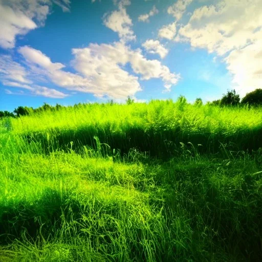 Green land , blue sky , cloud , sunshine , son