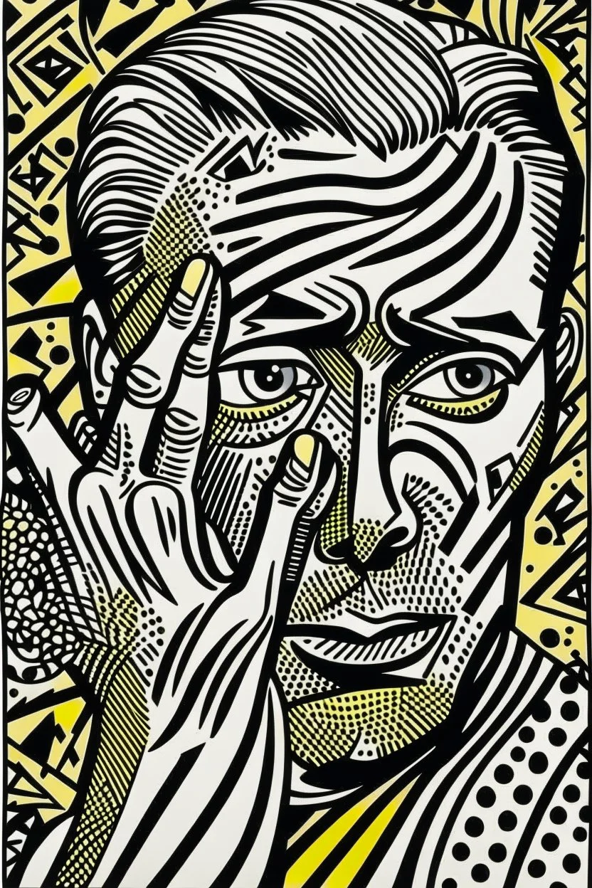 tribal man in grief with hands on face pencil draw style of roy lichtenstein