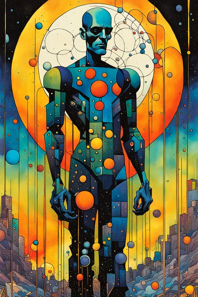 Create a chaotic abstract cubist Tarot Card depicting a full body post apocalyptic, The Juggler , with highly detailed facial features, in the style of Bill Sienkiewicz, Philippe Druillet, Gustav Klimt, and Jean Giraud Moebius, precisely drawn, colored and inked