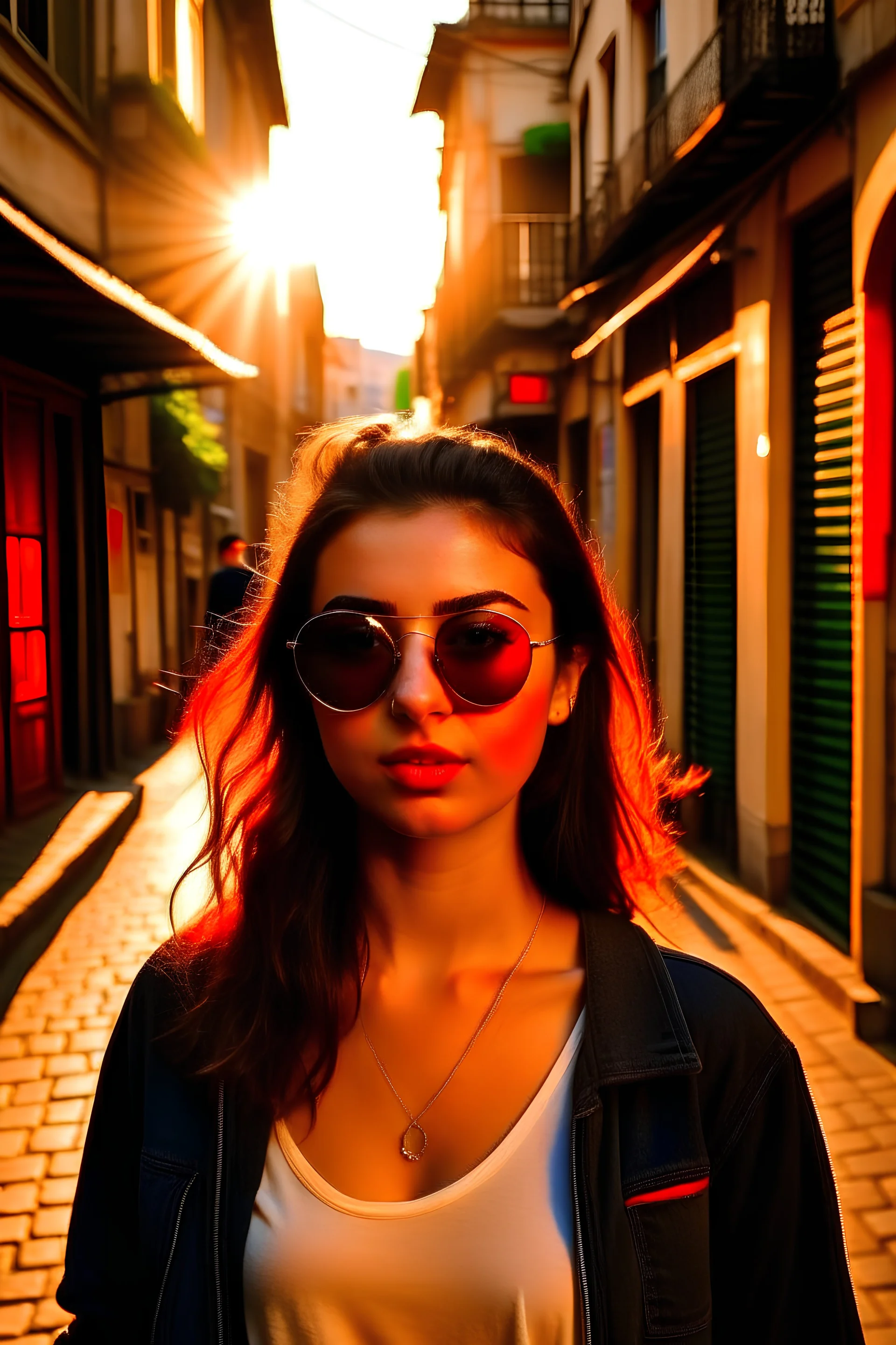 A photo of a brunette athletic student in large sunglasses in an alley in Istanbul at sunset, wearing natural makeup.