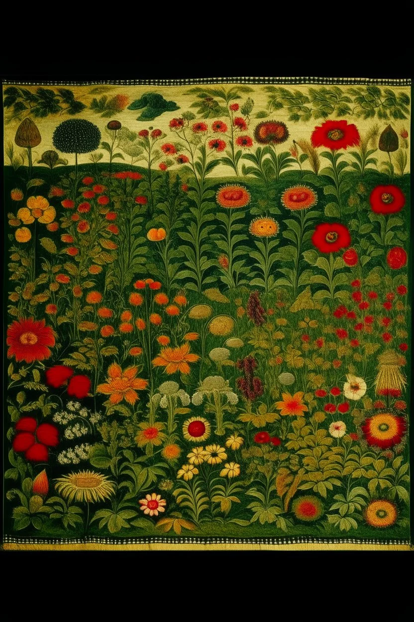 A green field with flowers designed in Navajo woven art painted by Pieter Bruegel the Elder