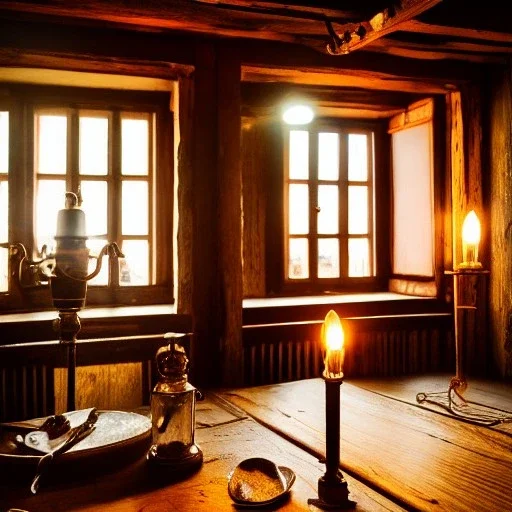 Hütte interior, five poeple eating, Austrian aesthetic, oil lamp, wooden floor, night, 8k, HD, cinematography, photorealistic, Cinematic, Color Grading, Ultra-Wide Angle, Depth of Field, hyper-detailed, beautifully color-coded, insane details, intricate details, beautifully color graded, Cinematic, Color Grading, Editorial Photography, Depth of Field, DOF, White Balance, 32k, Super-Resolution, Megapixel, ProPhoto RGB, VR