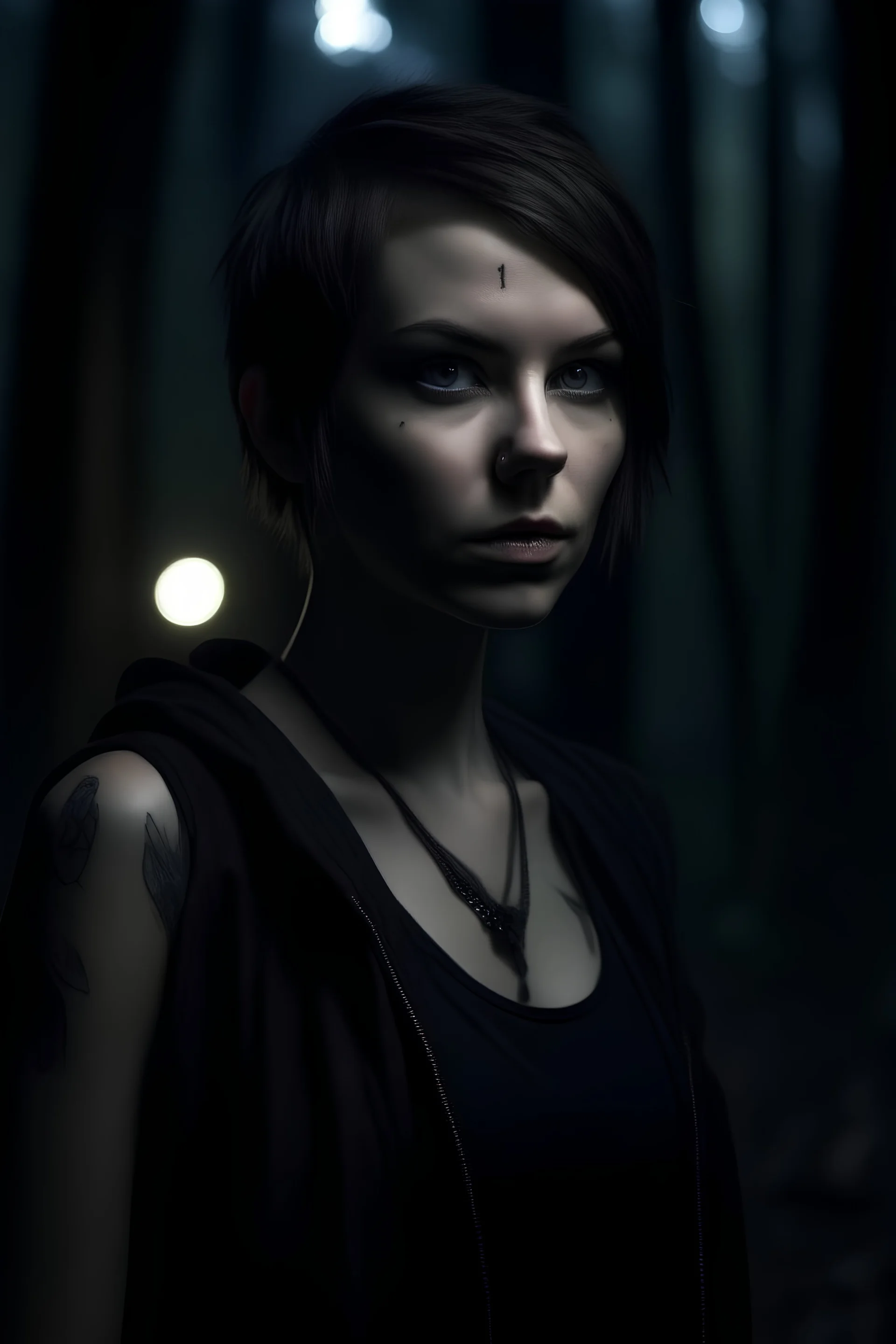 a beautiful, pale, tall and busty young brunette woman with very short hair, an angular face, an aquiline nose and a gothic punk look standing in a forest at night in a combat pose