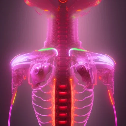 cyberpunk rib bones neon shining, dark red tones,