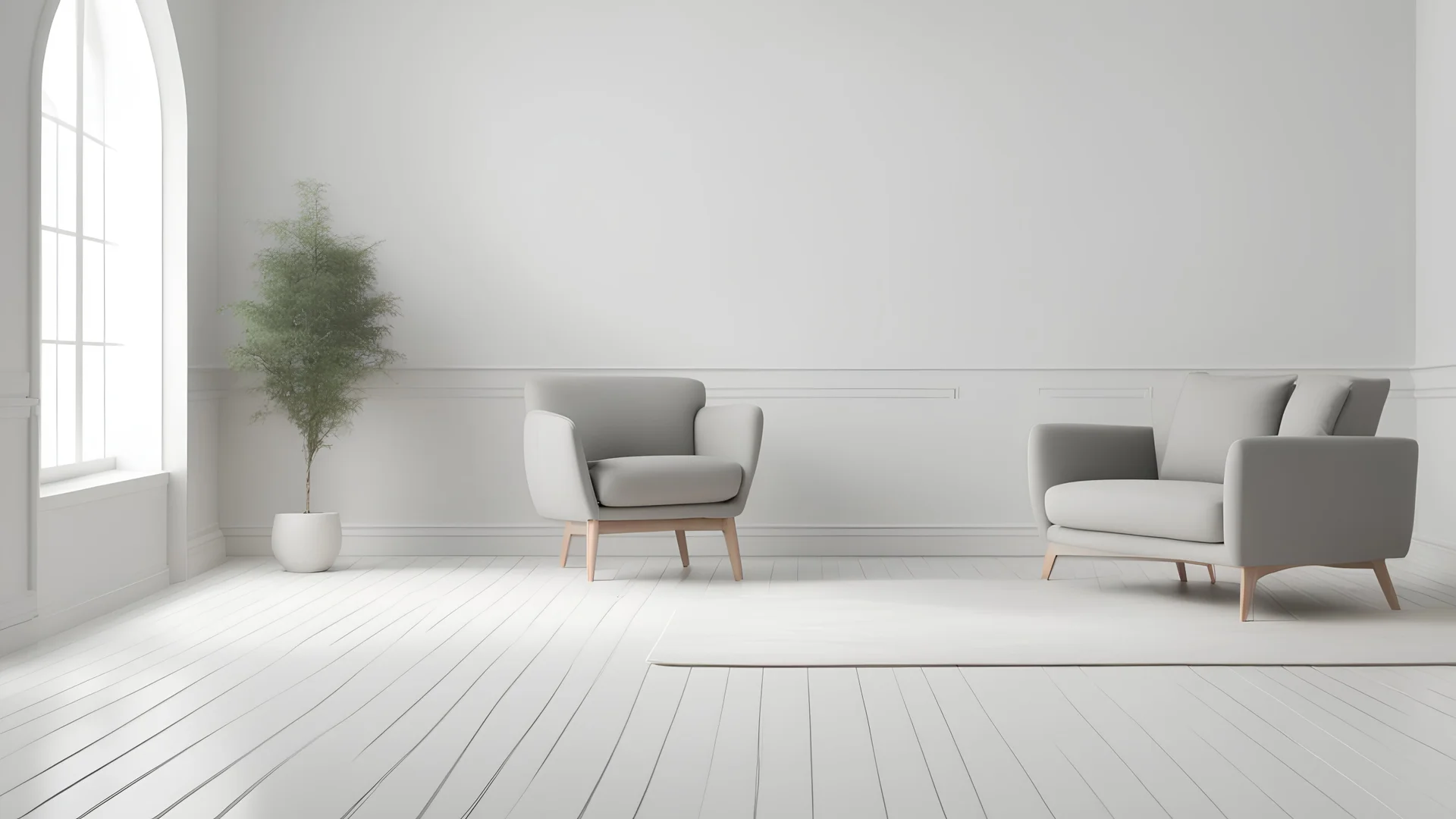 Scandinavian living room with gray armchair on empty white wall background. 3d rendering