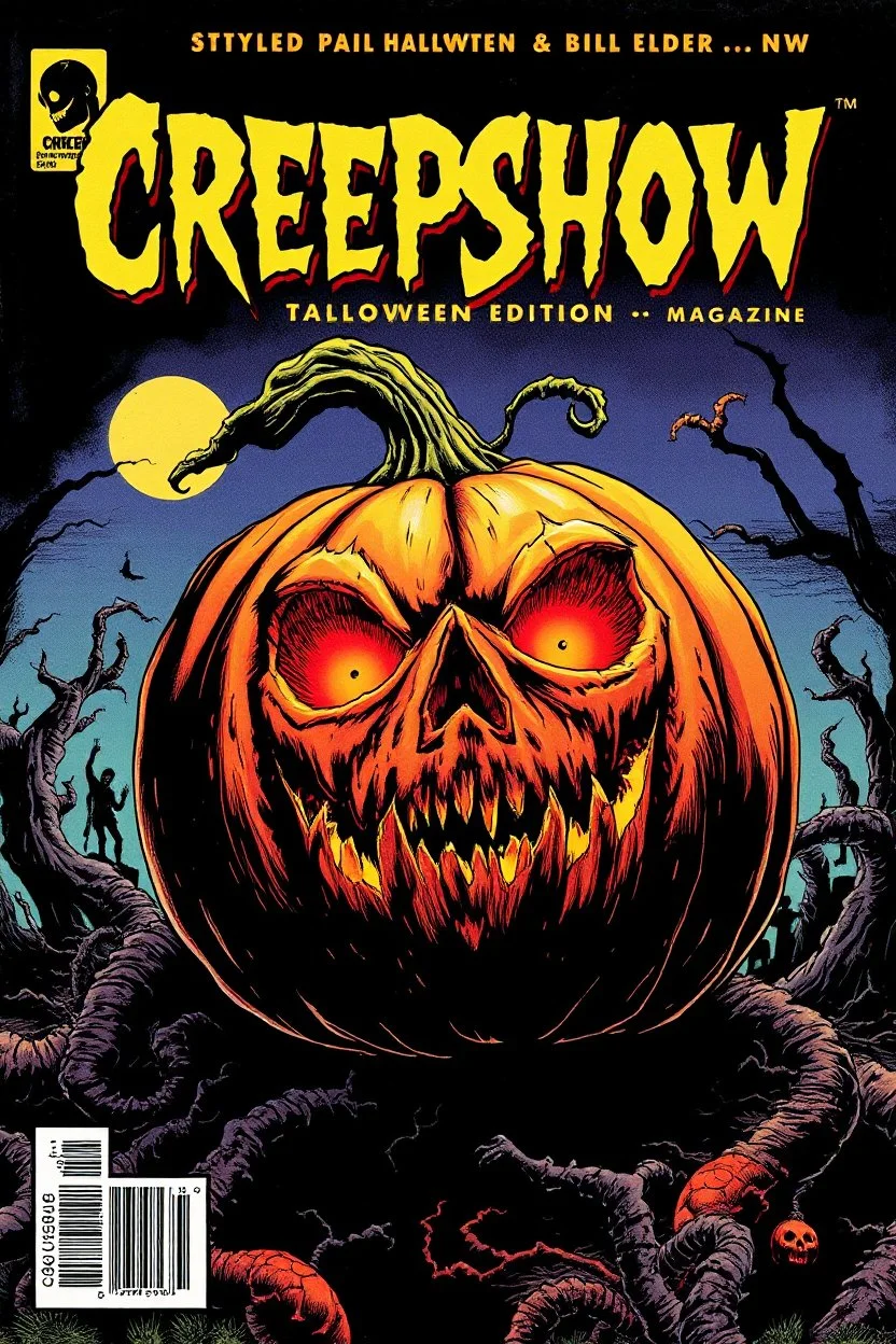 Cover of text "CREEPSHOW" Magazine, Halloween edition, Samhain, sharp colors, vintage horror illustration, style of Bill Elder, style of Warren Ellis, ultra detailed, retro pulp magazine cover, ink illustration, dramatic, visceral style, creepy pumpkin, weird, "CREEPSHOW"