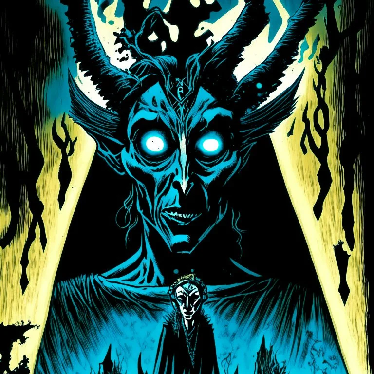 Eerie horror dark, less than zero, seance visitor Pazuzu, by Aaron Campbell and Matt Hollingsworth, acid wash mind-bending illustration; asymmetric, dark shines war, sinister