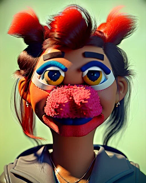 Portrait, hybrid character, waitress woman with monster muppet mask that covers her entire head, retro style, Sesame Street style, smooth, unreal engine 5, god lights, ray tracing, RTX, lumen lighting, ultra detail, volumetric lighting, 3d.