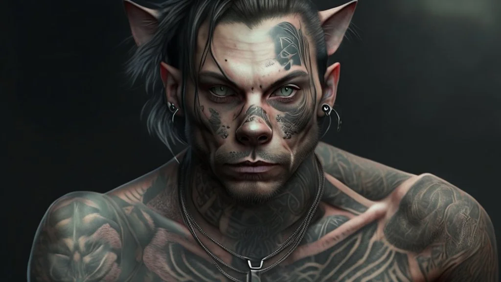 cat man, fine rendering, high detail, 8K, man, tattoos,