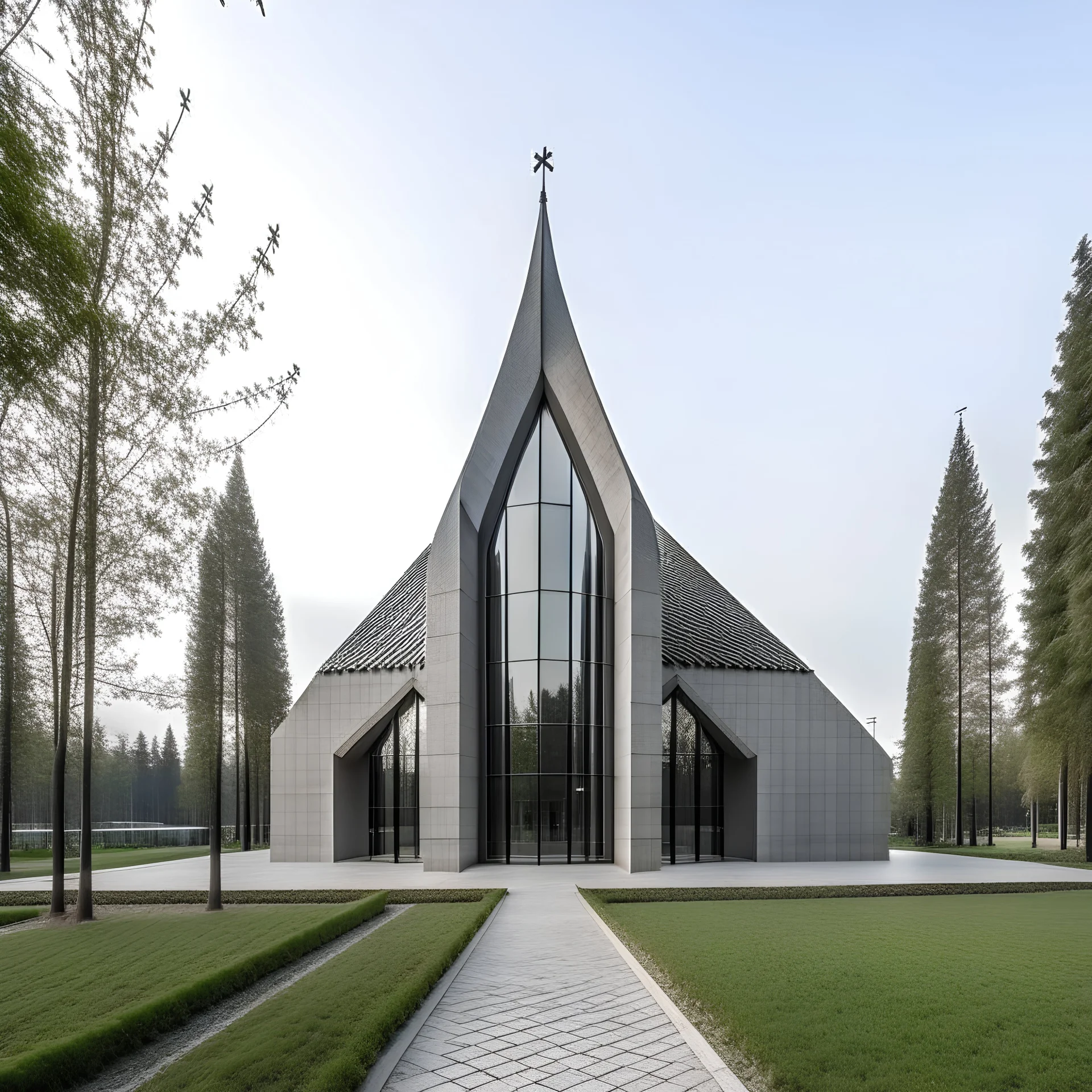 Church with modern style with gable roofs made of concrete