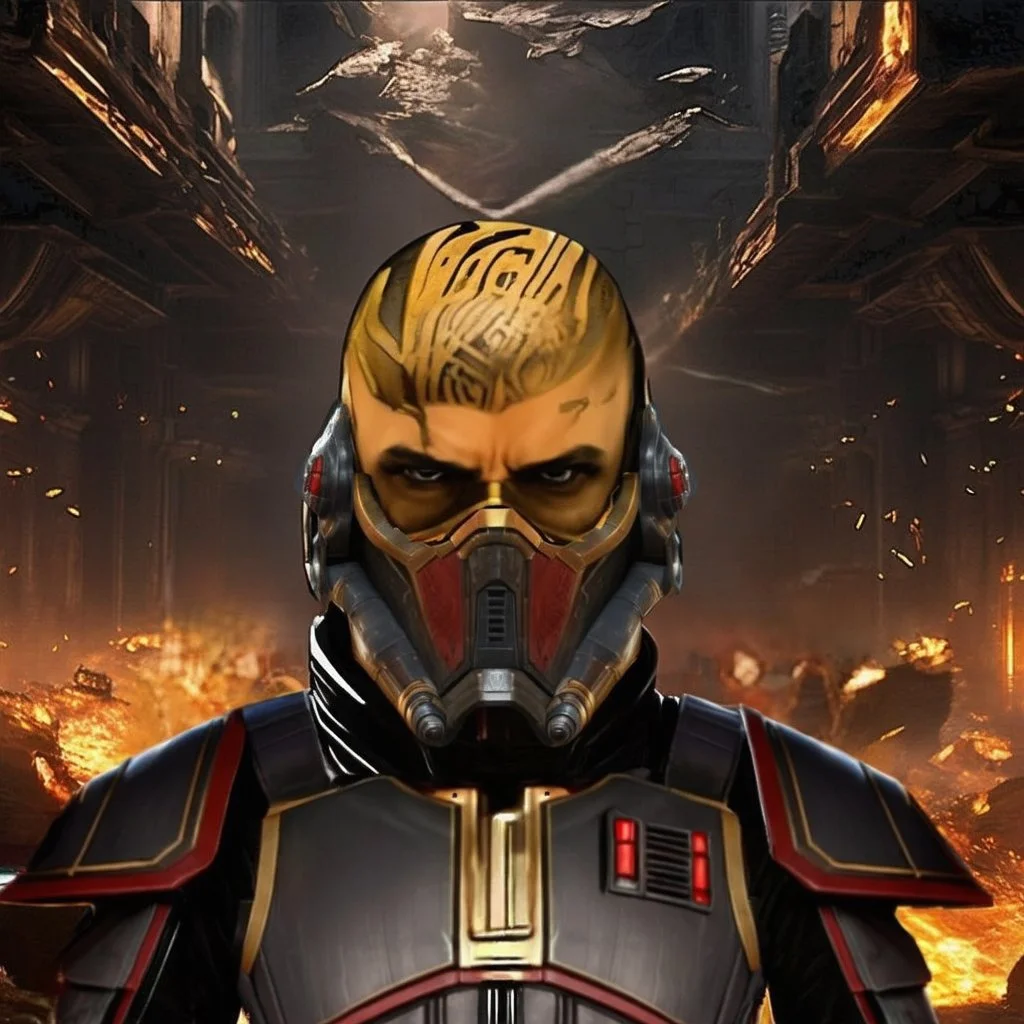 star wars bald male corellian jedi wearing gunmetal grey and black old republic armored flightsuit with gold and metallic red trim inside the jedi temple, centered head and shoulders portrait, hyperdetailed, dynamic lighting, hyperdetailed background, 8k resolution, volumetric lighting, light skin, fully symmetric details