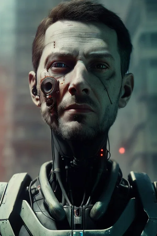 portrait of man, robot, post-apocalyptic in a cyberpunk city, realistic, intriacte detail, sci-fi fantasy style, volumetric lighting, particales,highly detailed,cinamatic, deep colours,8k