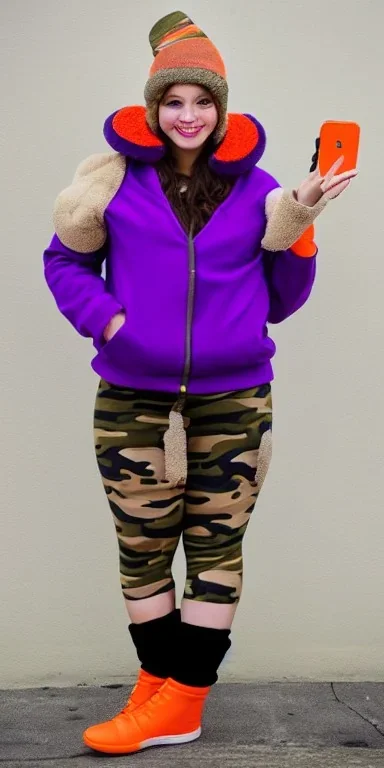 Brunette taking selfie.thick thighs,thick calves,flat belly,curvy fell. big head. Mantle is sewed of upcycled Denim and sewed together of camouflage pieces. Pieces' color are orange, cream and purple. It is with big bright purple felt tippet and birght-colored-hood is merged with colorful beanie. Big colored headphones (gold rings!) is merged with small felt cap with small visor. Style: Haute Couture in 1950's Africa, N.Y.C fashion in 2023