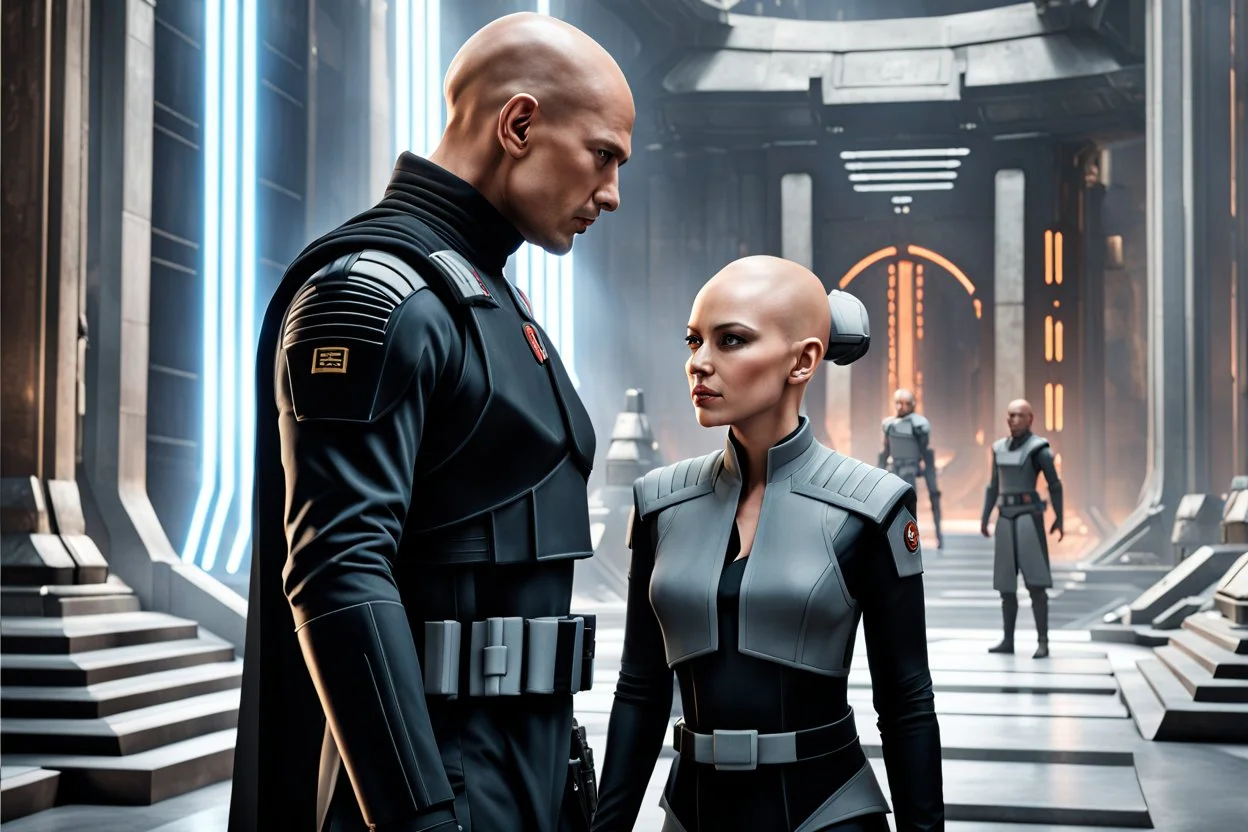 a bold and heroic bald Corellian pilot in black and grey First Order special forces gear meets a female Jedi Master in ancient, mystical temple, hyperdetailed, dynamic lighting, hyperdetailed background, 8k resolution, volumetric lighting, light skin, fully symmetric details