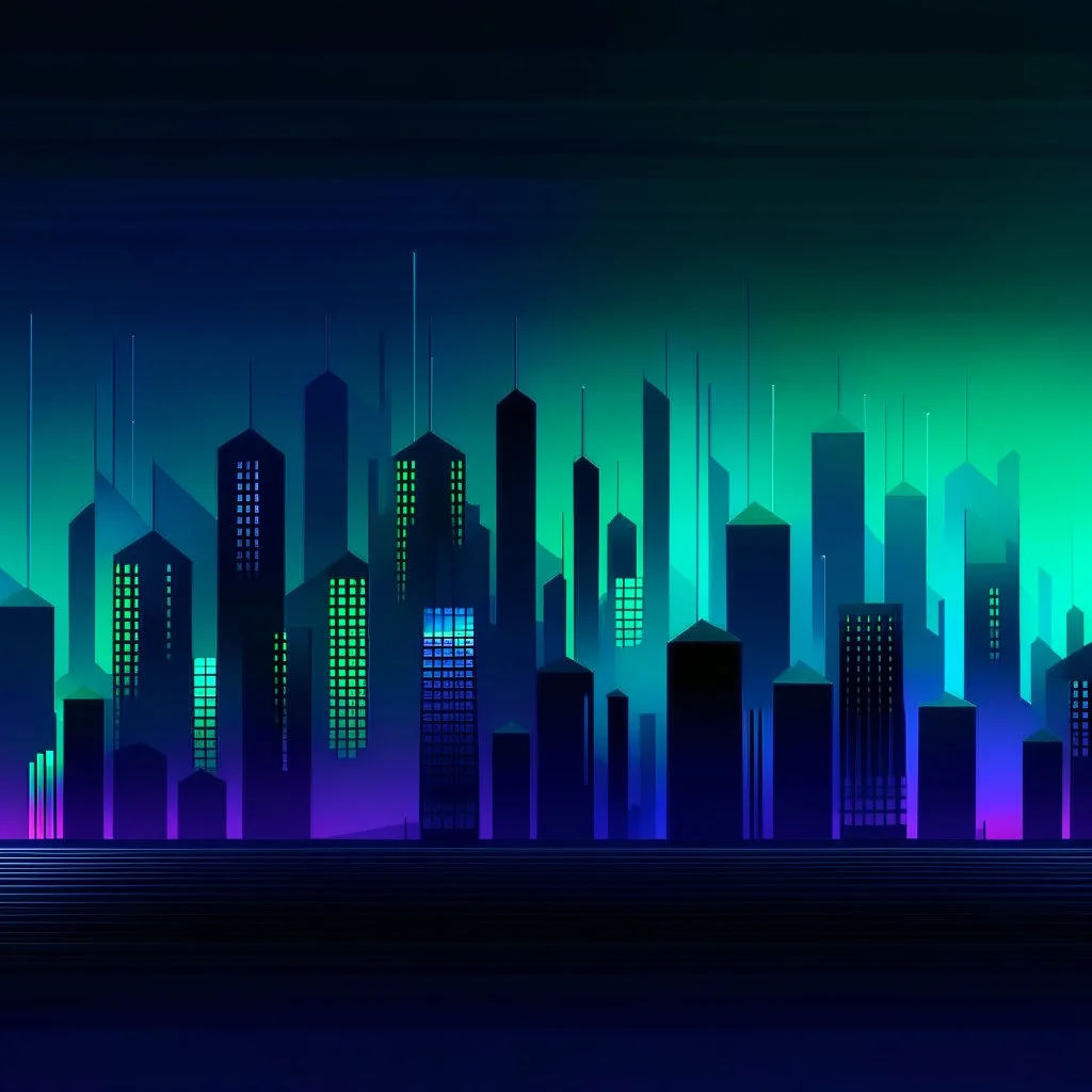 Digital and poly illustration of a minimalist and digital city with a dark background and gradients with light blue, light green, and purple.