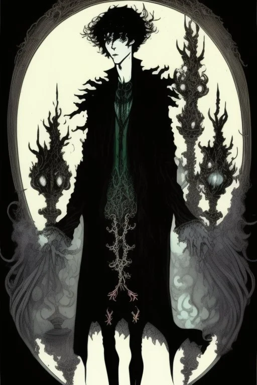 17 year old boy, necromancer, friendly, looks dead, surrounded by weird smoke with eyes, wearing black robes, in the style of Harry Clarke
