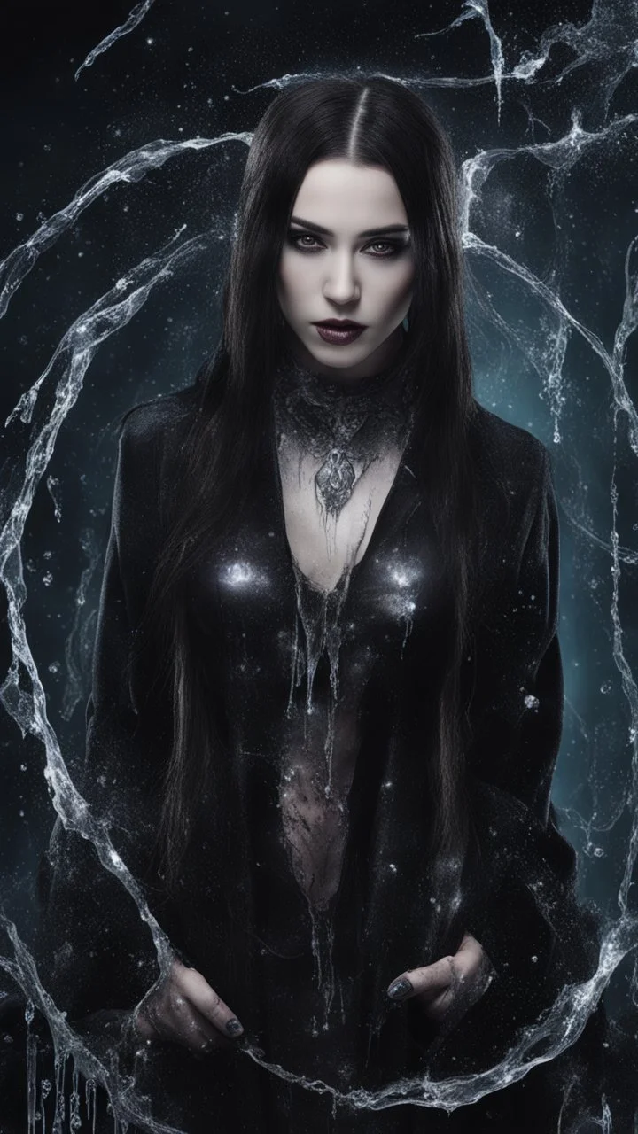 Full body and headshot of a young gothic woman dressed in clothing dripping like liquid, with no hat, with a multiverse background