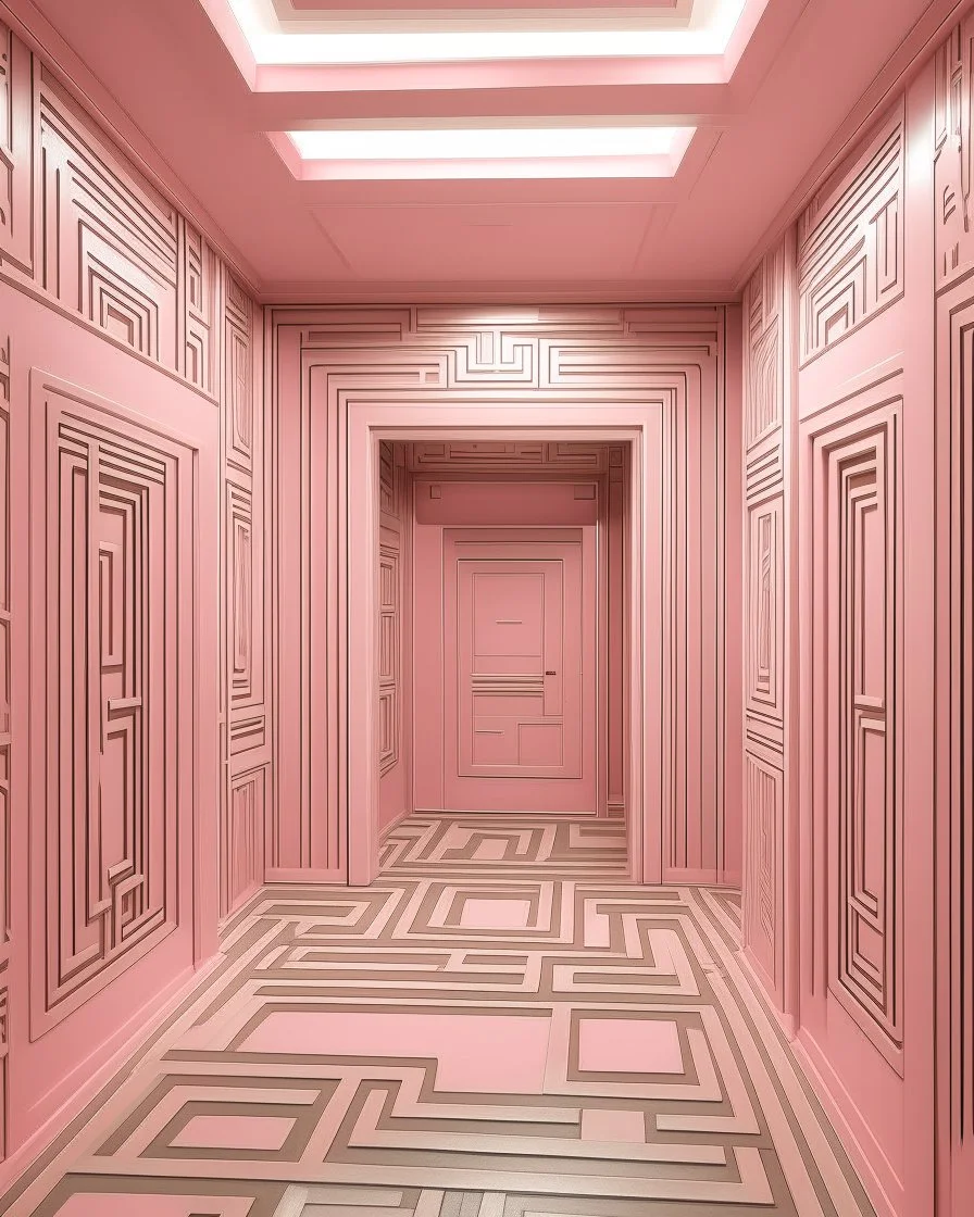 A light pink mystical maze with a lot of doors painted by Lucas van Leyden
