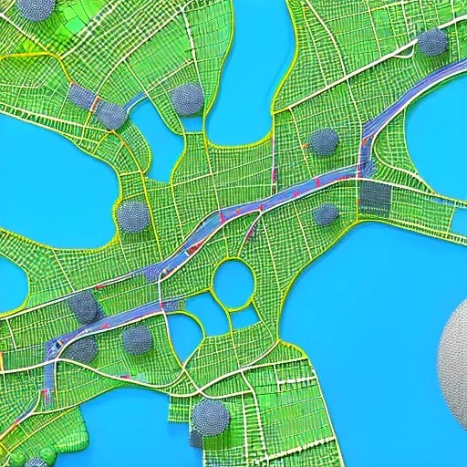 a 3d partially transparent map with roads and highways, and colored pins with round tops positioned throughout the map, highly detailed, intricate design, smooth, realistic render