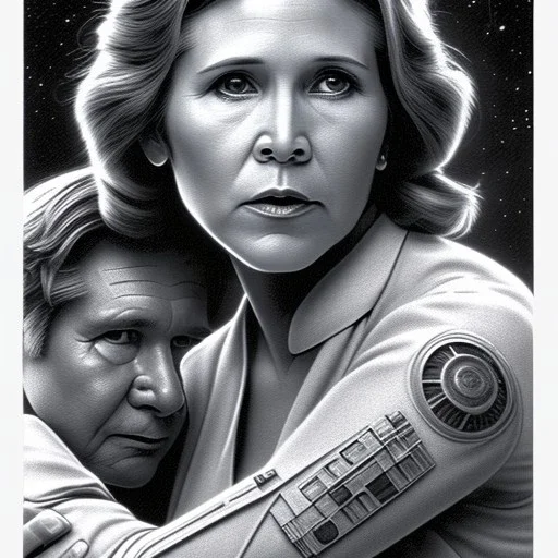 old carrie fisher embracing harrison ford in star wars, waist up portrait, photorealistic faces, intricate, oil on canvas, masterpiece, expert, insanely detailed, 4k resolution, cinematic smooth, intricate detail , soft smooth lighting, soft pastel colors,